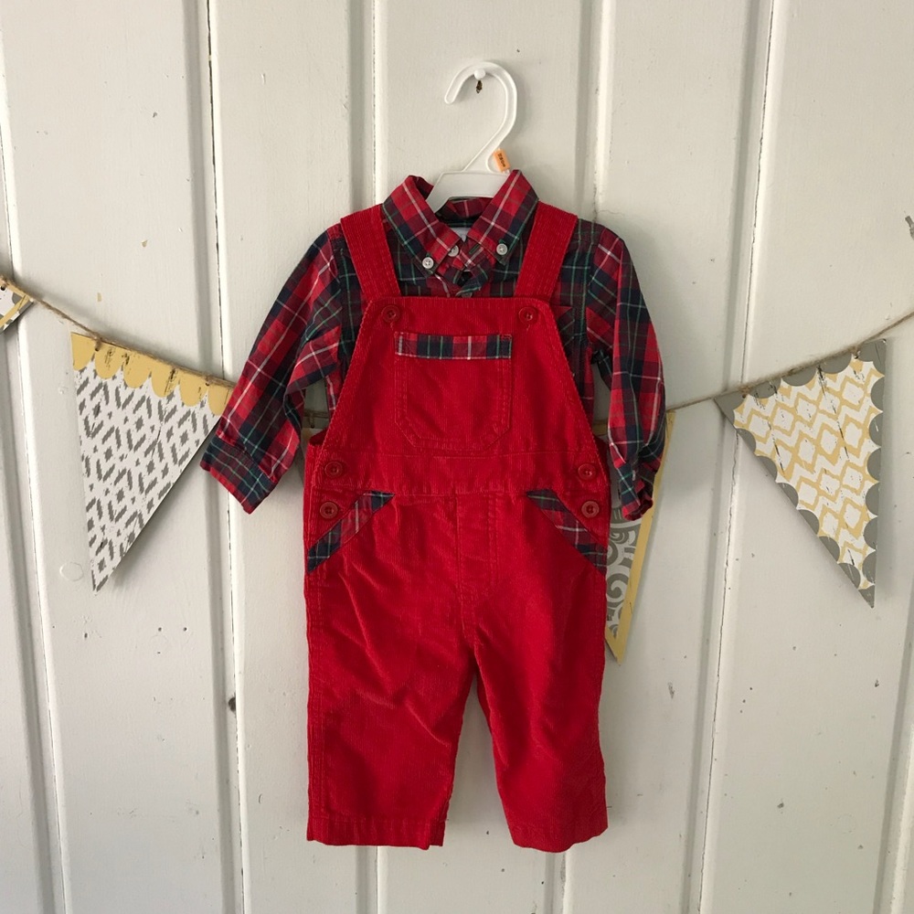 Baby Boy Red Corduroy Overalls with Plaid Bodysuit